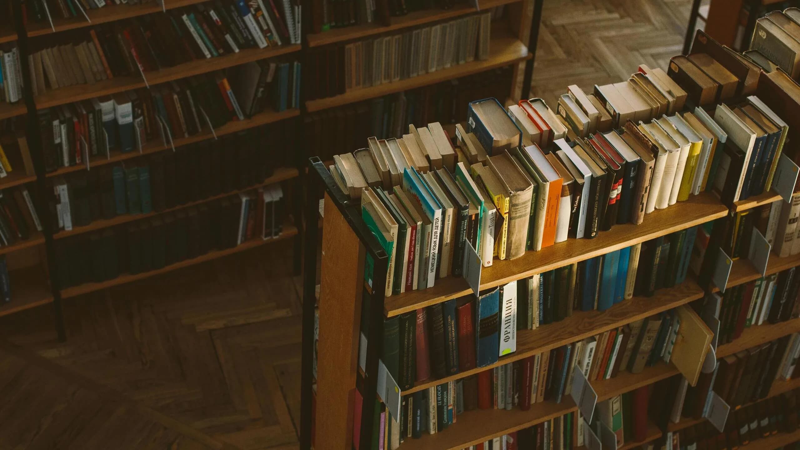 Books filling the warm wooden shelves of a library above a herringbone floor