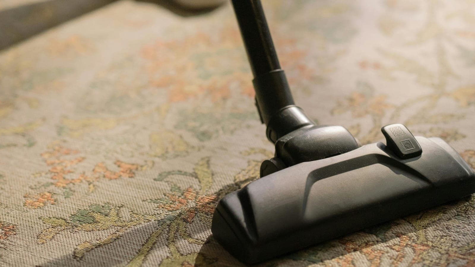 A vacuum head gliding across a patterned commercial carpet